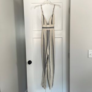 Superdown Blue and Cream Striped Linen Jumpsuit